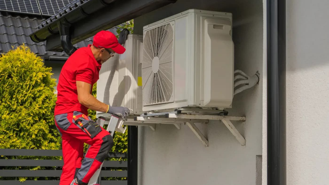 An HVAC technician servicing an outdoor air conditioning unit
