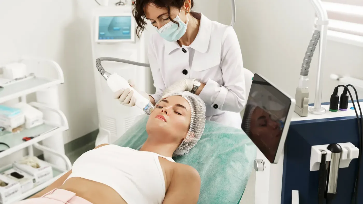 A med spa provider giving a client a facial treatment