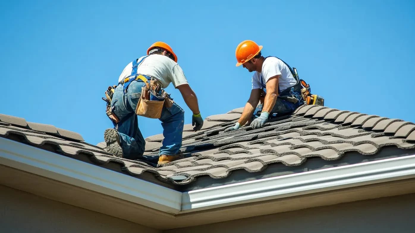 Two roofers working on a tiled roof under a clear blue sky