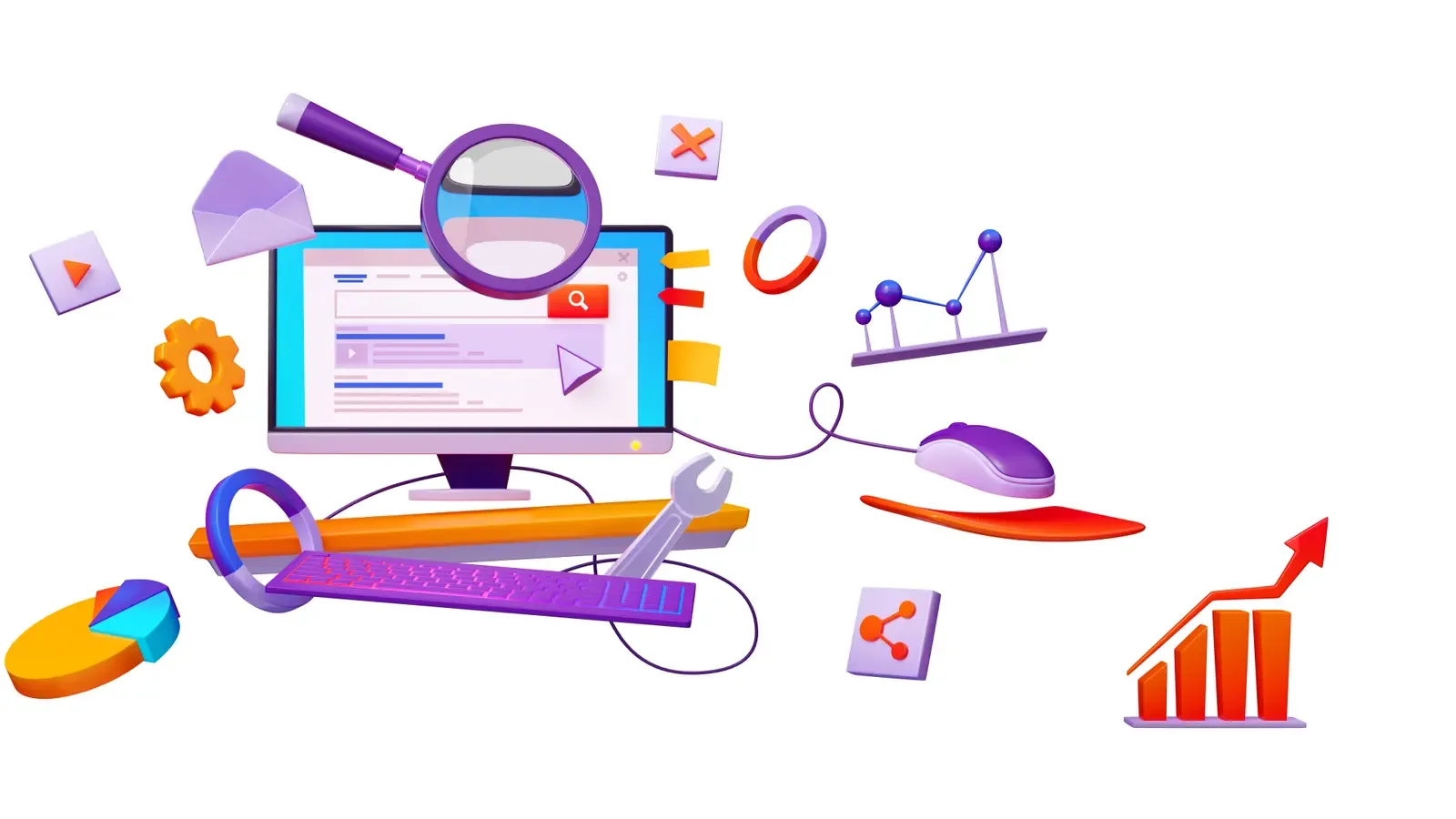 Illustration of search, answer and analytics tools around a computer screen