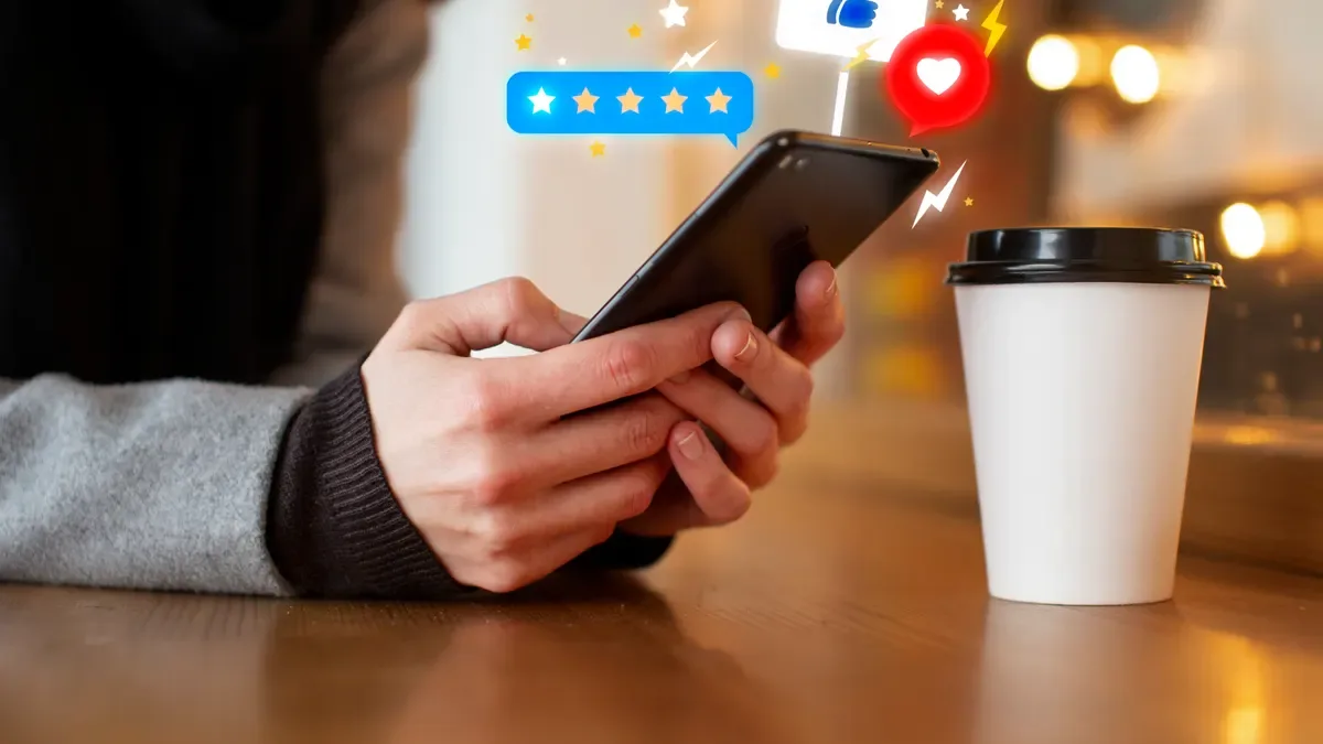 A customer leaving a five-star review for a local business on a phone