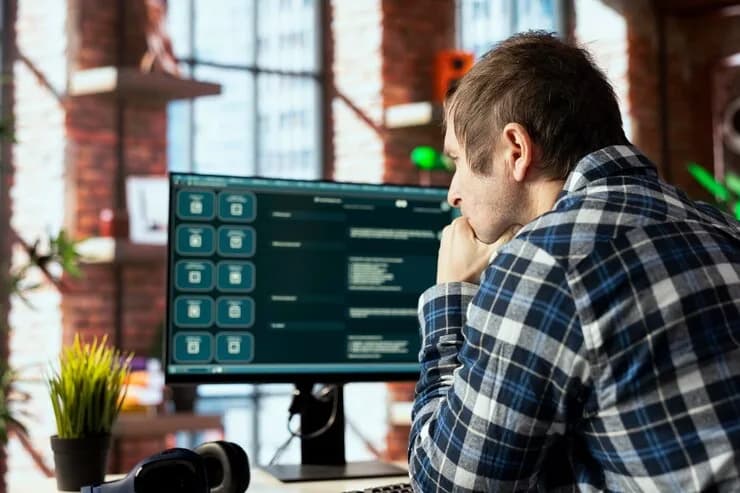 A man working with an AI assistant on a computer in a home office