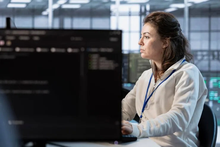 An engineer working at a computer in a data center