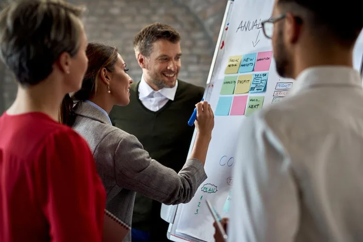 A team gathered around a whiteboard while one member writes notes