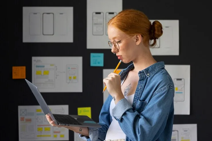 A web designer holding a laptop in front of page wireframes pinned to a wall