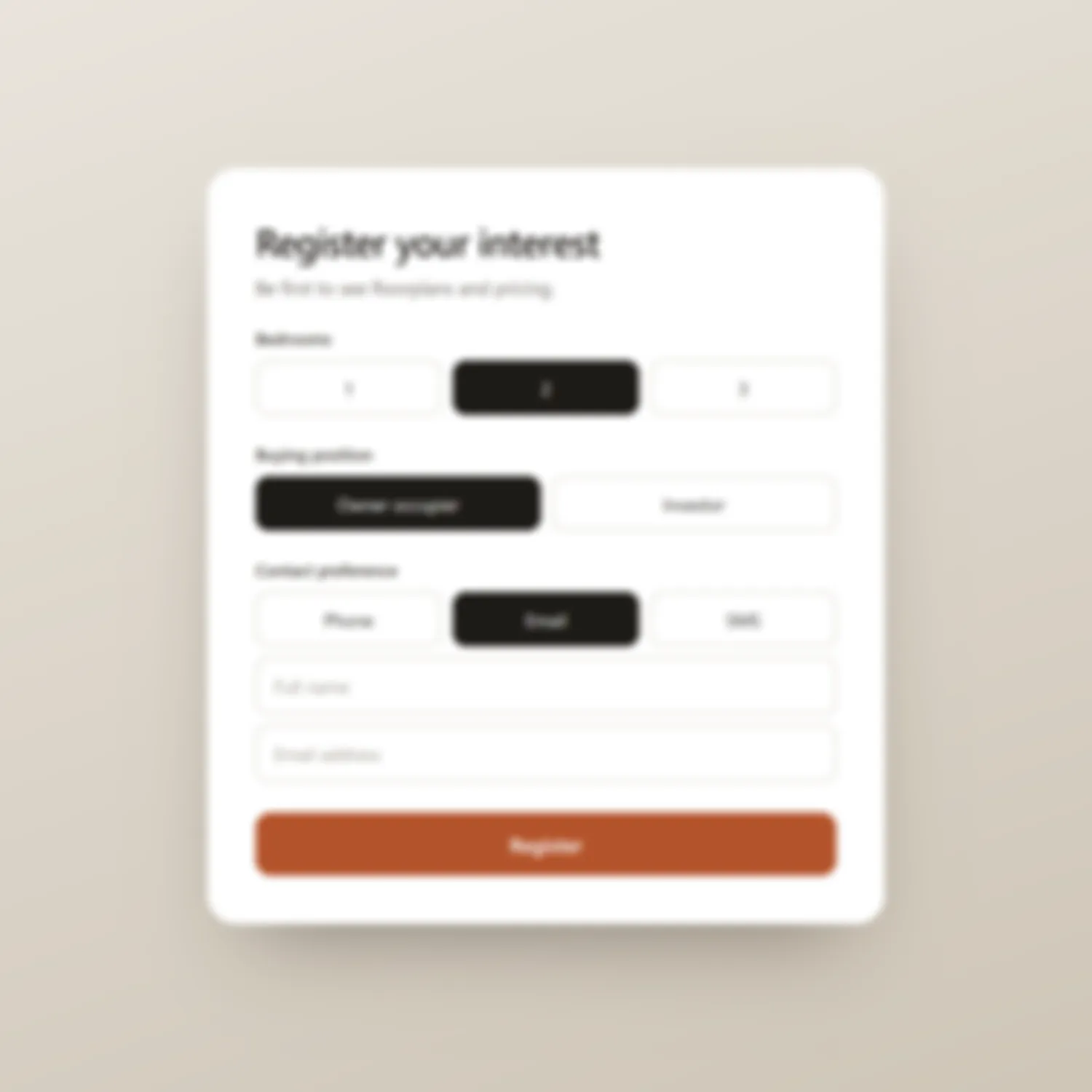 A blurred buyer registration form asking for bedrooms, buying position and contact preference