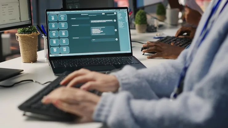 Hands typing on a keyboard next to a laptop showing an AI chatbot conversation