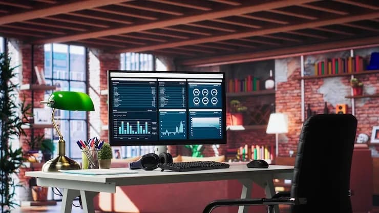 A desktop monitor showing an analytics dashboard in an empty office